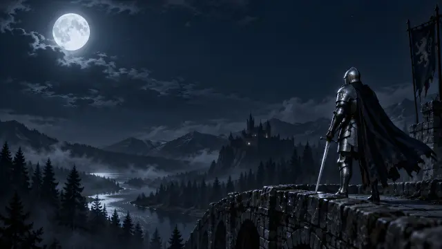Caballero medieval en puente bajo luna llena