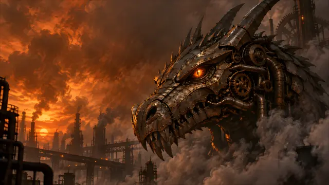 Dragón mecánico steampunk en fábrica industrial