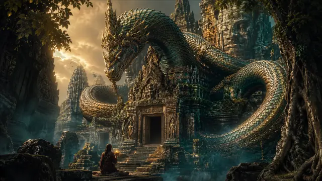 Gran dragón dorado en templo antiguo al atardecer