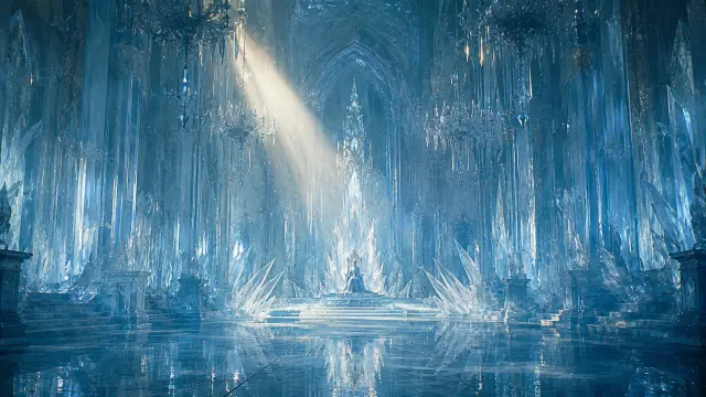 Palacio de hielo con rayos de luz y reina en trono