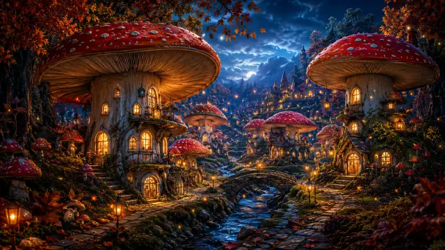 Pueblo de setas mágicas bajo la luna en bosque nocturno
