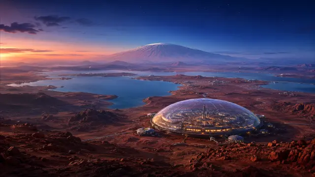 Ciudad domo futurista en planeta rojizo al atardecer