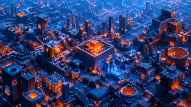 Ciudad futurista con luces de neón y arquitectura compleja