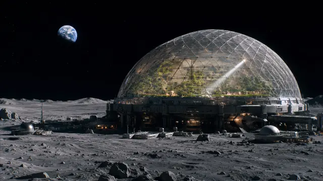 Domo futurista con la Tierra en el cielo nocturno