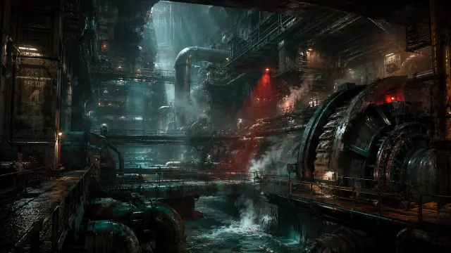 Interior de planta industrial futurista y oscura