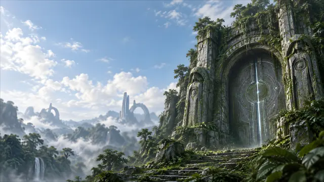Fondo de pantalla sci-fi con ruinas futuristas en selva
