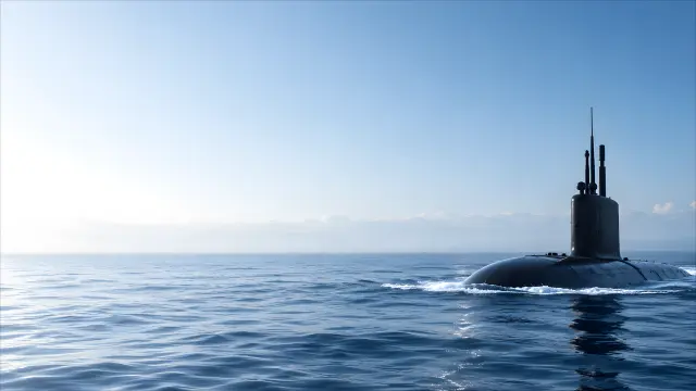 Submarino futurista en el oceano abierto al amanecer