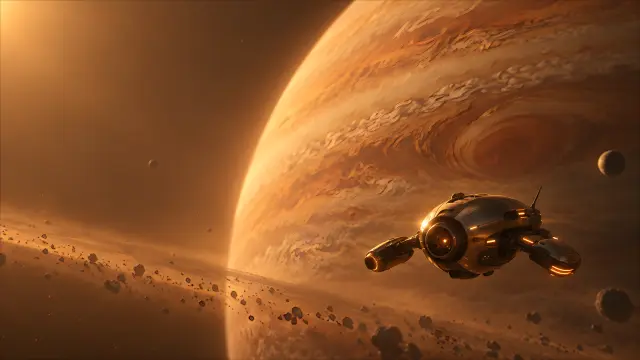 Nave espacial junto a gigante gaseo en tonos naranjas
