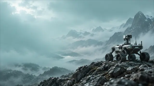 Fondo de pantalla de un robot explorador en montañas