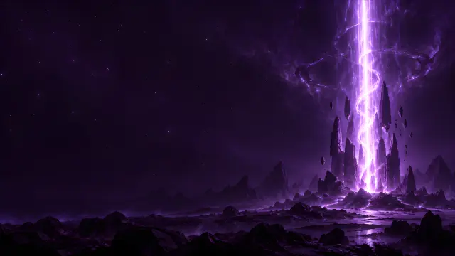 Fondo de pantalla sci-fi con portal de energía morada en paisaje alienígena