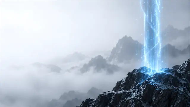 Portal de luz azul en montaña