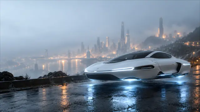 Coche volador blanco en ciudad futurista con lluvia y niebla