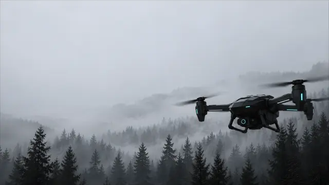 Dron futurista volando sobre bosque de niebla