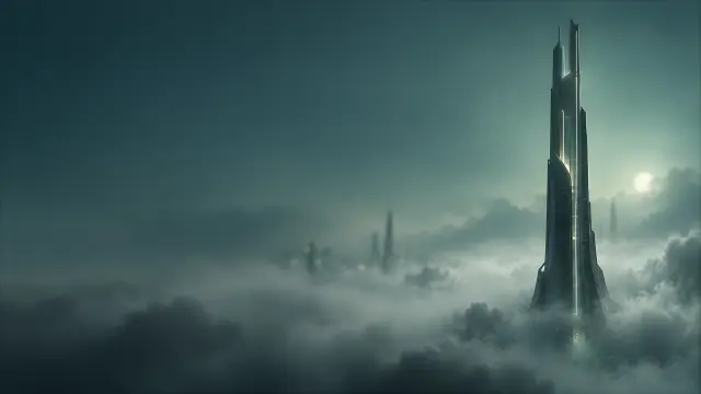 Torre futurista en nubes al atardecer