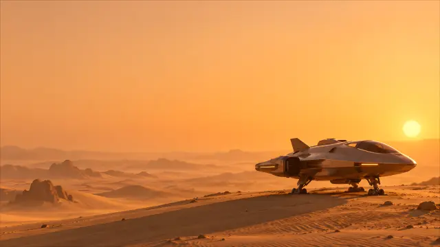 Nave espacial futurista en un desierto alienígena al atardecer