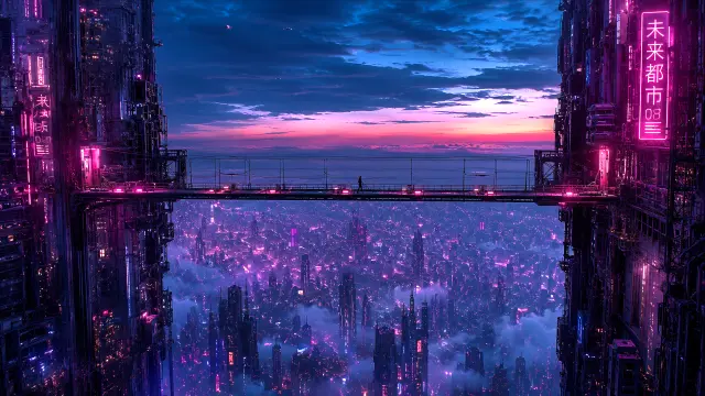 Ciudad futurista cyberpunk con neones y puente de atardecer