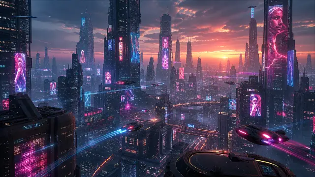 Ciudad futurista de neones al atardecer con naves espaciales