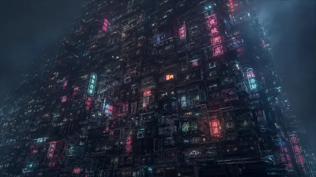 Callejones de neón y edificios apilados en la noche