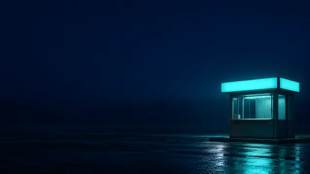 Cabaña futurista con luz neón cian en la noche