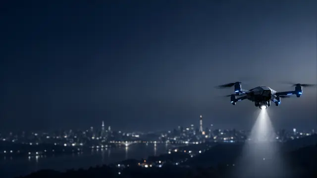 Drone futurista sobrevolando ciudad nocturna cyberpunk