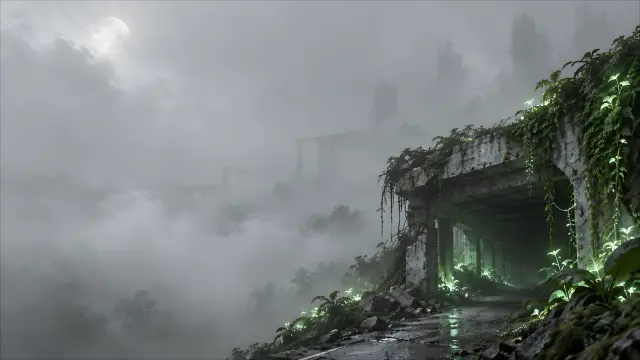 Fondo de pantalla cyberpunk: Ruinas en la niebla