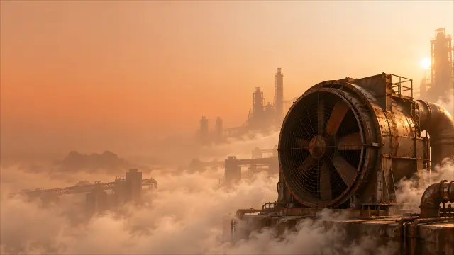 Fondo de pantalla cyberpunk con industria en la niebla