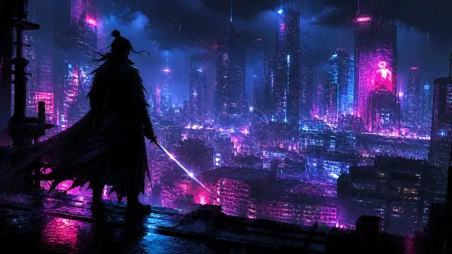 Samurai silueta frente a ciudad cyberpunk de neón en lluvia nocturna