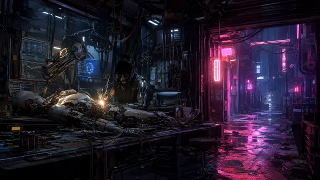 Taller cyberpunk con neón y robot en reparación