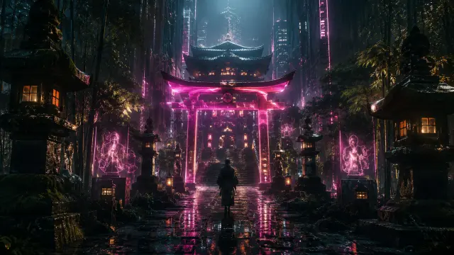 Viajero frente a un torii neón en un templo futurista