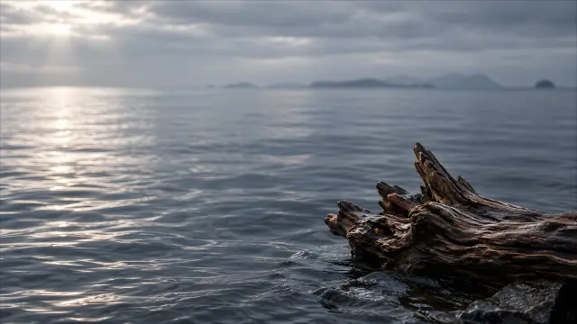 Paisaje marino con tronco en el atardecer