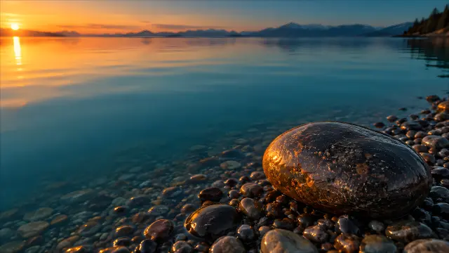 Piedra dorada al amanecer en lago tranquilo
