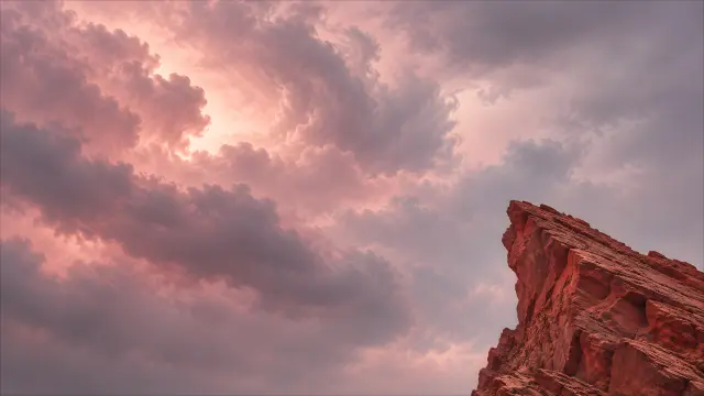 Fondo de pantalla de nubes rosadas y roca roja al atardecer