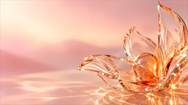 Flor abstracta de cristal con luz cálida y fondo rosado