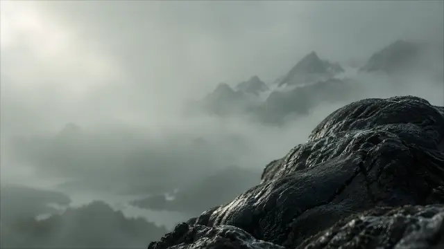 Roca oscura y montanas en la niebla al amanecer