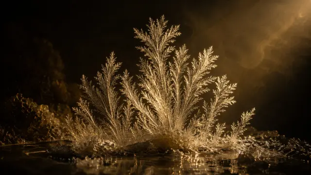Cristales dorados brillantes sobre hielo nocturno