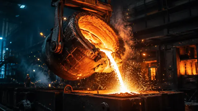 Fondo de pantalla 4K IA: Vaciado de lingote de metal fundido en planta