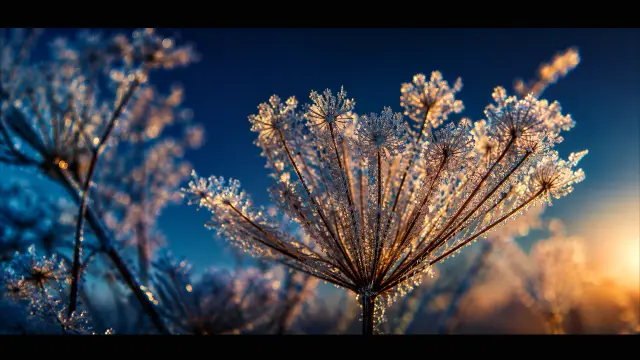 Fondo de pantalla 4K IA: Branca de hielo en flor al atardecer