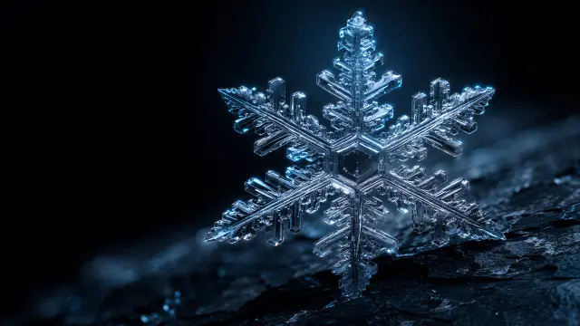 Fondo de pantalla 4K IA: Detalle de un copo de nieve brillante sobre roca