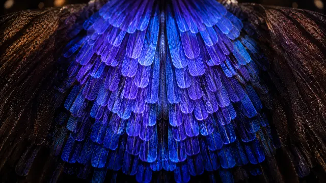 Plumas iridiscentes de azul y morado en primer plano