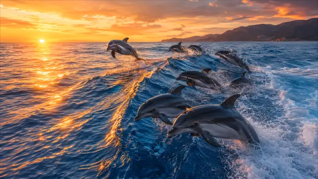 Fondo de pantalla 4K IA: Cardumen de delfines saltando al atardecer