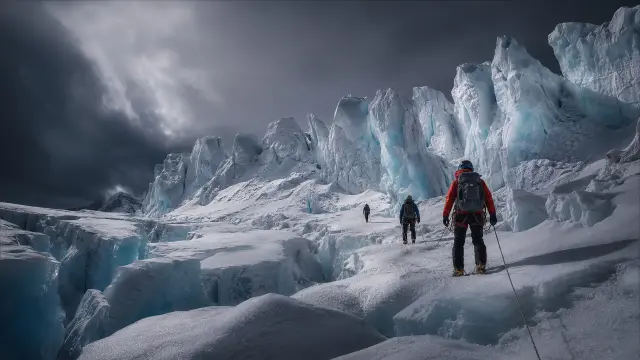 Alpinistas escalando un glaciar bajo tormenta