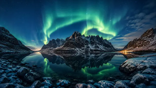 Aurora Boreal Reflejada en Lago con Montañas