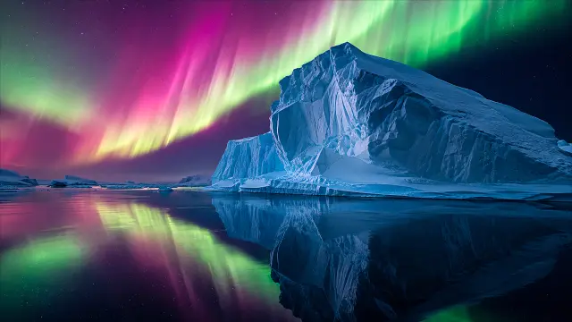 Aurora Boreal Verde y Rosa sobre Hielo y Agua Reflejada