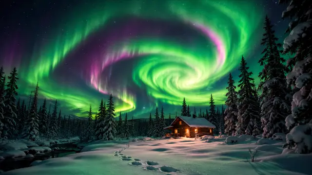 Cabaña bajo la aurora boreal verde y púrpura