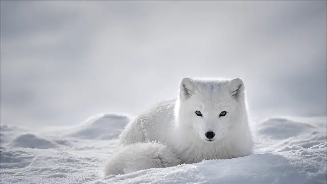 Zorro ártico blanco reposando en la nieve