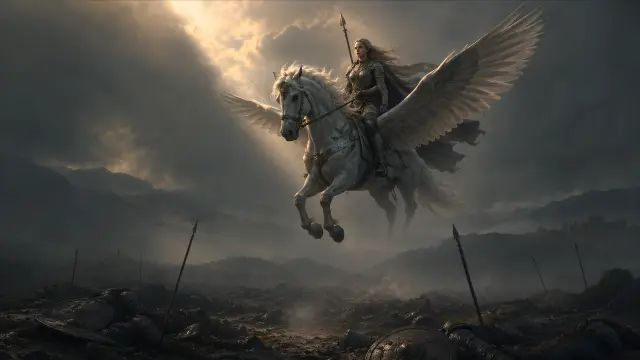 Fondo de pantalla 4K IA: Caballera alada sobre campo de batalla