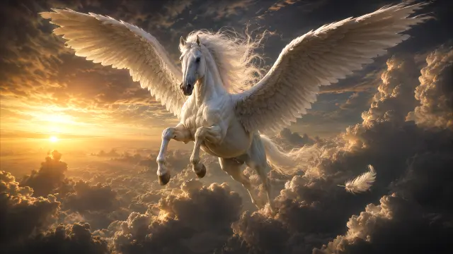 Fondo de pantalla 4K IA: Caballo alado blanco volando entre nubes al atardecer