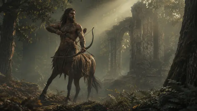 Fondo de pantalla 4K IA: Centauro con arco en bosque antiguo con ruinas
