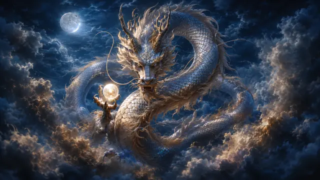 Fondo de pantalla 4K IA: Gran dragón blanco con luna llena en nubes dramáticas