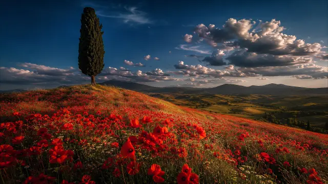 Fondo de pantalla 4K IA: Campo de amapolas rojas con ciprés en colina